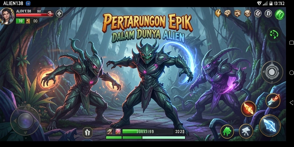 Tampilan screenshot utama ALIEN138 dengan karakter bertarung di arena.
